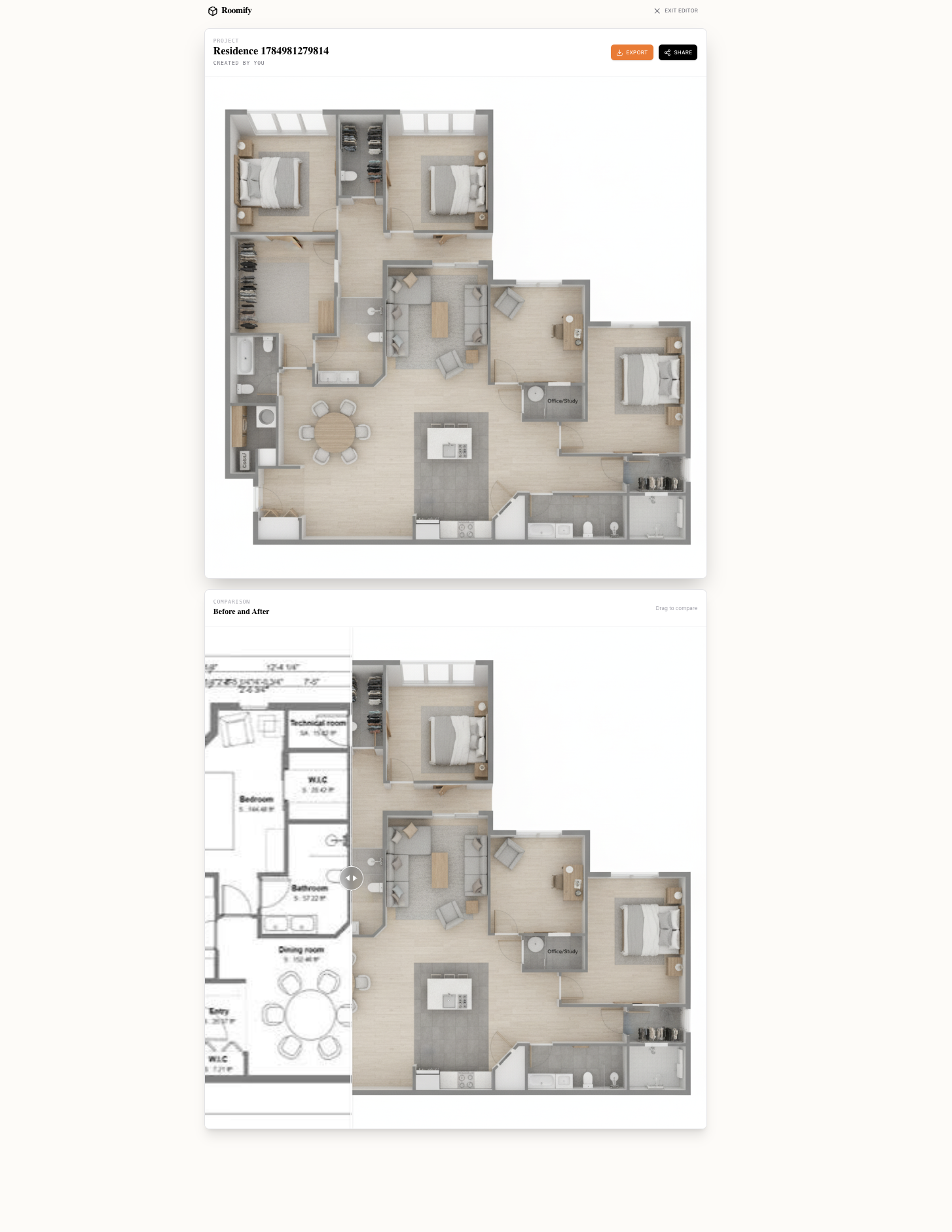 Roomify comparison view showing an uploaded floor plan next to its AI-generated 3D render